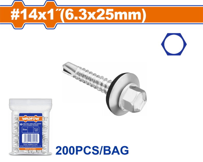 WADFOW Hex self drilling screw with rubber washer  14 Χ 1" / 6.3 Χ 25mm 200pcs (WXS4912) - Image 1