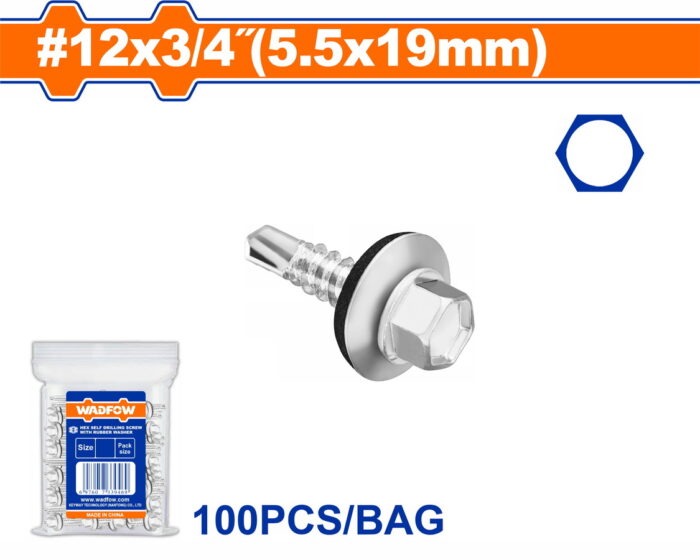 WADFOW Hex self drilling screw with rubber washer  12 Χ 3/4" / 5.5 Χ 19mm 100pcs (WXS49291) - Image 1
