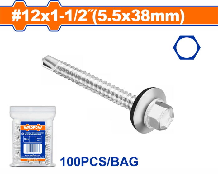 WADFOW Hex self drilling screw with rubber washer 12 Χ 1-1/2" / 5.5 Χ 38mm 100TEM (WXS49294) - Image 1