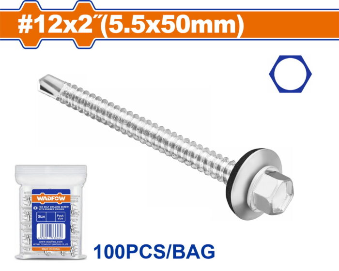 WADFOW Hex self drilling screw with rubber washer 12 Χ 2" / 5.5 Χ 50mm 100pcs (WXS49295) - Image 1